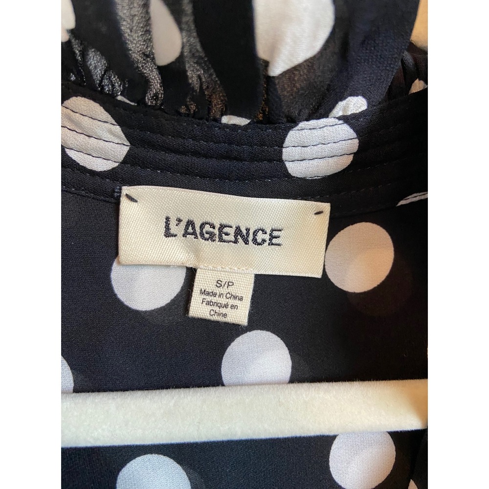 L'AGENCE Black White Polka Dot Silk Ruffle Blouse V-Neck Button Down Small - Picture 2 of 8